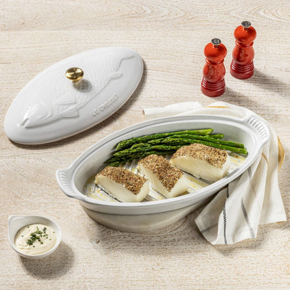  Le Creuset Heritage 1.7 Qt. Fish Baker With Gold Knob | White
