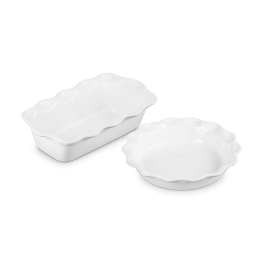  Le Creuset Heritage 2-Piece Fluted Pie Dish & Fluted Loaf Pan Set | White
