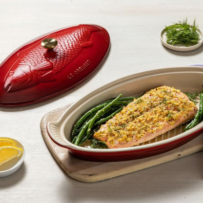  Le Creuset Heritage 1.7 Qt. Fish Baker With Gold Knob | Cerise