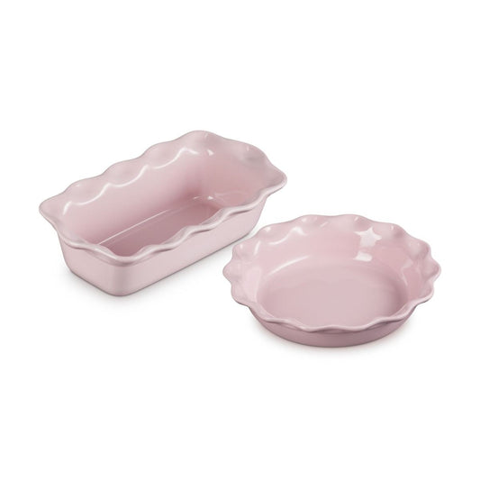  Le Creuset Heritage 2-Piece Fluted Pie Dish & Fluted Loaf Pan Set | Chiffon Pink