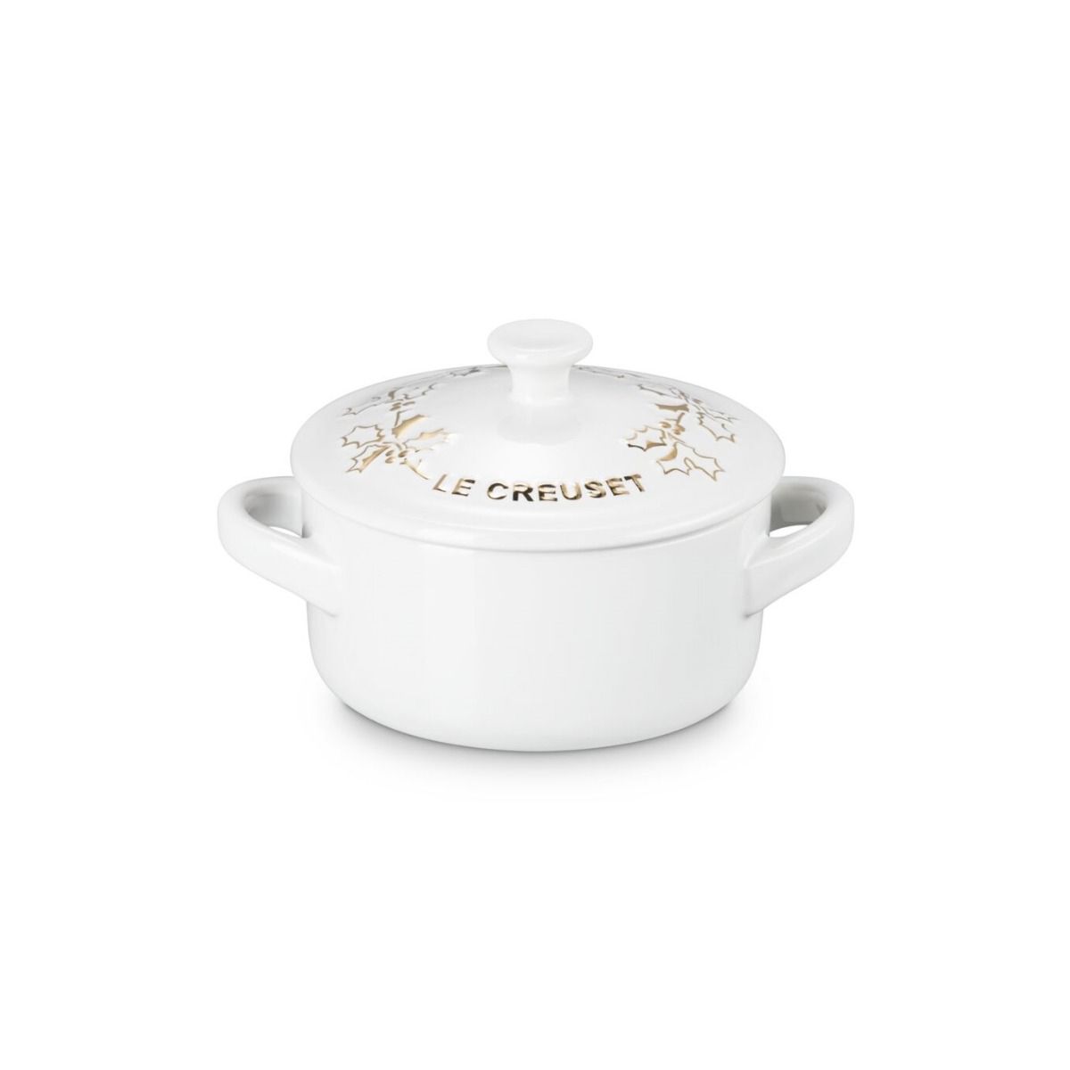  Le Creuset Holly Collection 8oz Mini Cocotte With Gold Detail | White