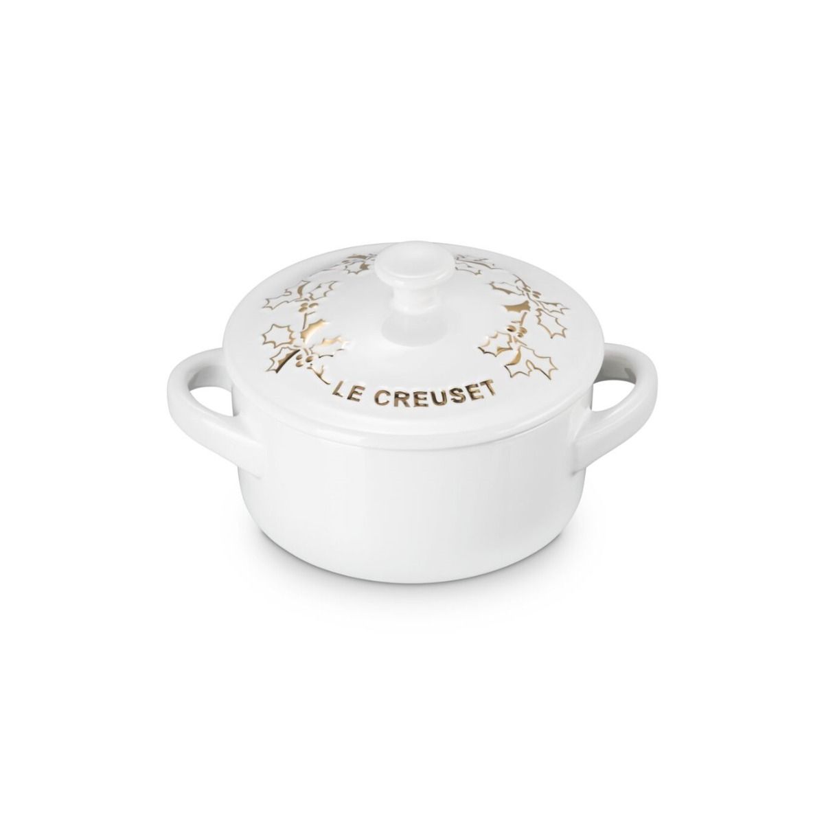  Le Creuset Holly Collection 8oz Mini Cocotte With Gold Detail | White