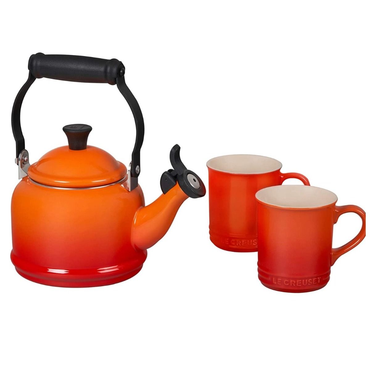  Le Creuset 1.25 Qt. Demi Kettle Tea Pot + 2 - 14oz Mugs Set | Flame Orange