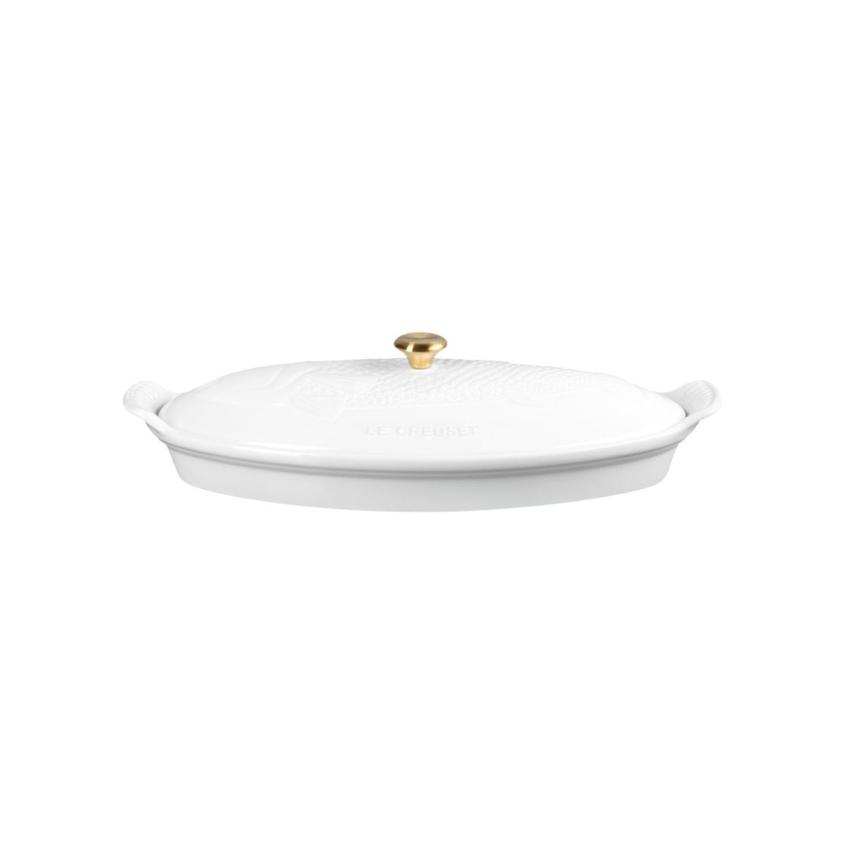 Le Creuset Heritage 1.7 Qt. Fish Baker With Gold Knob | White