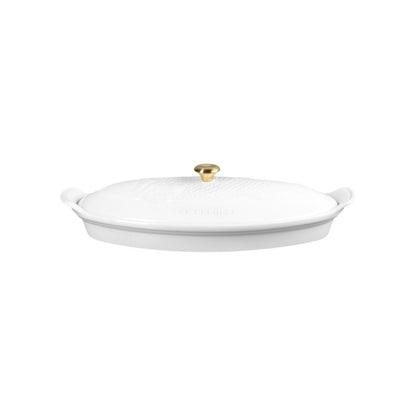  Le Creuset Heritage 1.7 Qt. Fish Baker With Gold Knob | White