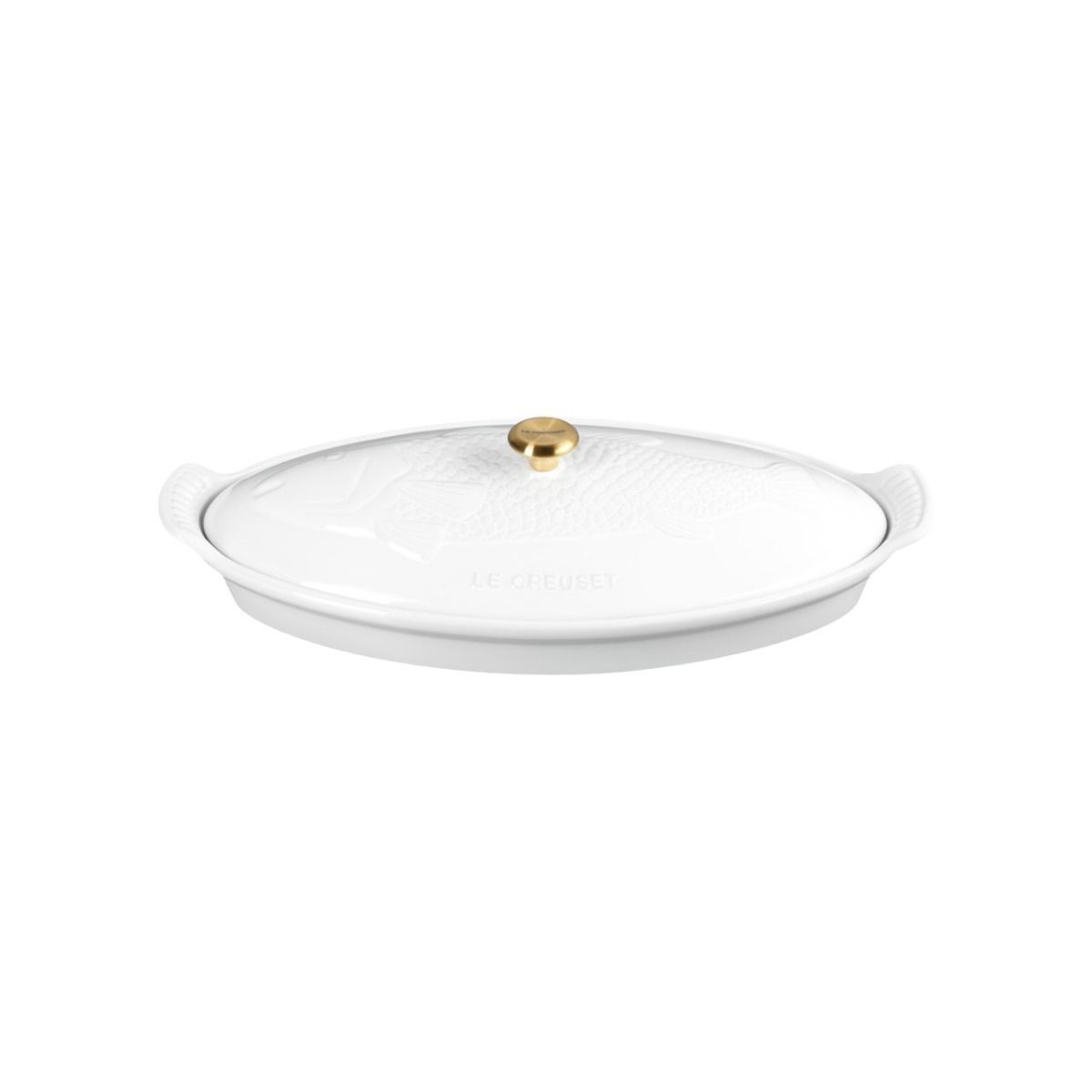  Le Creuset Heritage 1.7 Qt. Fish Baker With Gold Knob | White