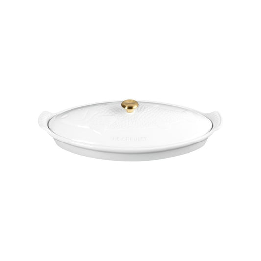  Le Creuset Heritage 1.7 Qt. Fish Baker With Gold Knob | White