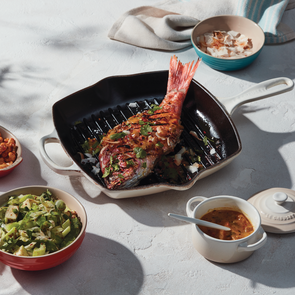  Le Creuset 10.25" Square Signature Cast Iron Grill Skillet | Meringue White