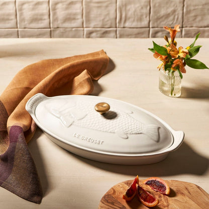  Le Creuset Heritage 1.7 Qt. Fish Baker With Gold Knob | White