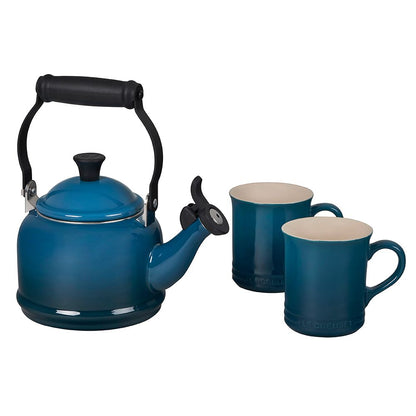  Le Creuset 1.25 Qt. Demi Kettle Tea Pot & 14oz Mugs Set | Deep Teal