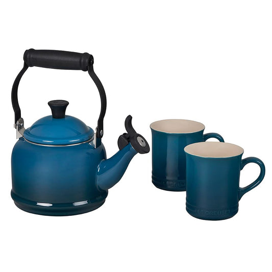  Le Creuset 1.25 Qt. Demi Kettle Tea Pot & 14oz Mugs Set | Deep Teal