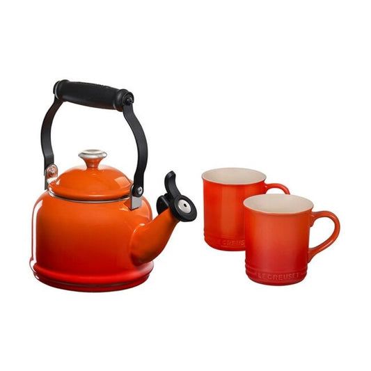  Le Creuset 1.25 Qt. Demi Kettle Tea Pot & Mugs Set | Flame Orange
