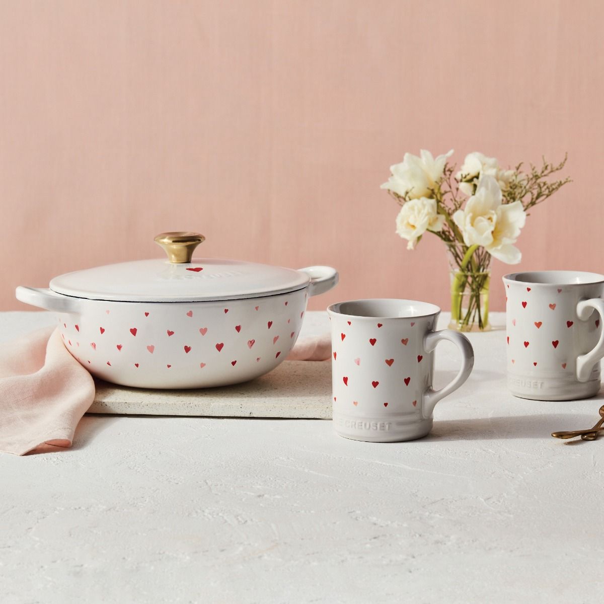  Le Creuset L'Amour 2.75 Qt. Enameled Cast Iron Soup Pot With Gold Knob & Heart Applique | White