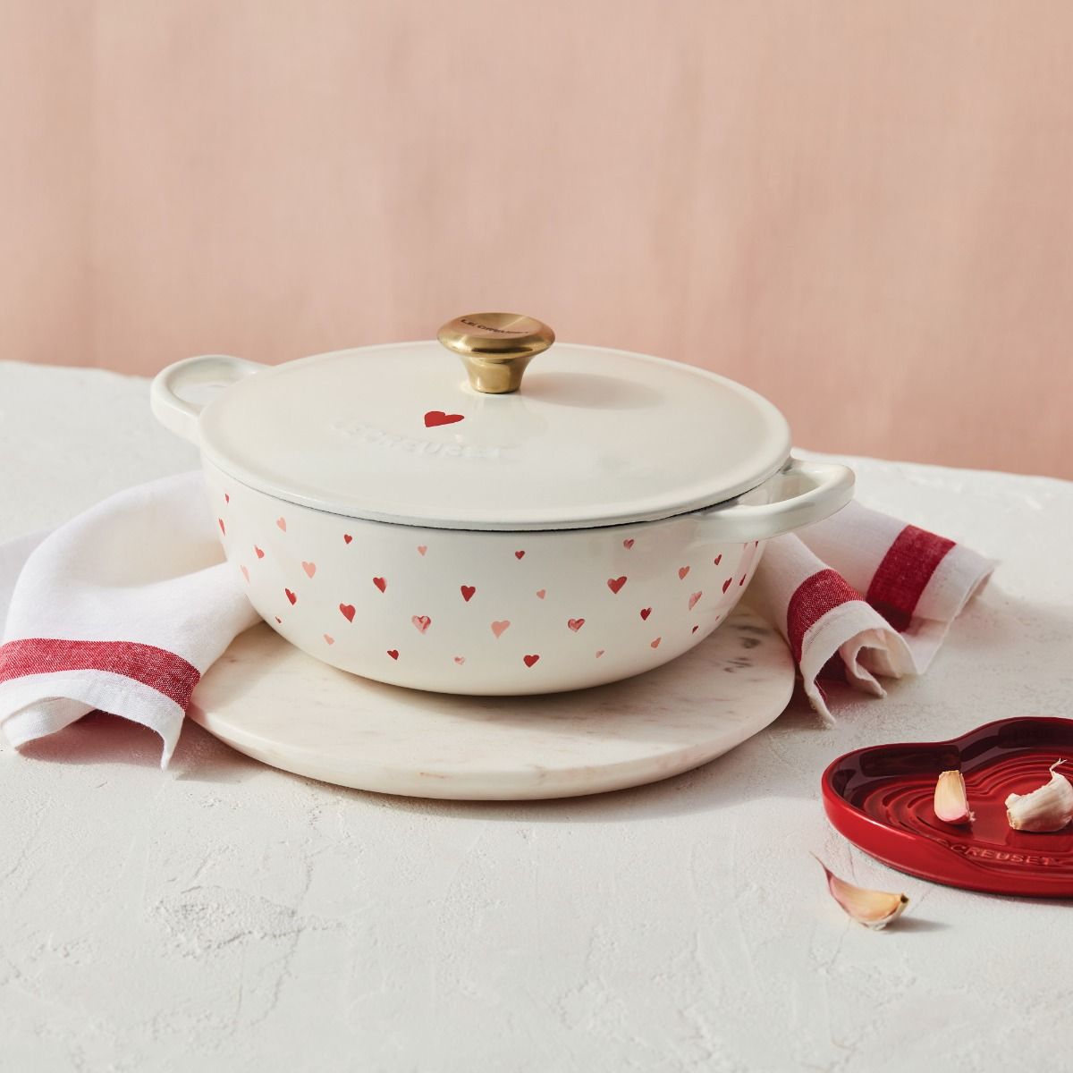  Le Creuset L'Amour 2.75 Qt. Enameled Cast Iron Soup Pot With Gold Knob & Heart Applique | White