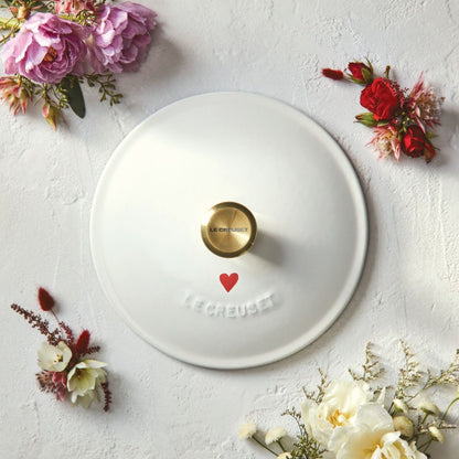  Le Creuset L'Amour 2.75 Qt. Enameled Cast Iron Soup Pot With Gold Knob & Heart Applique | White
