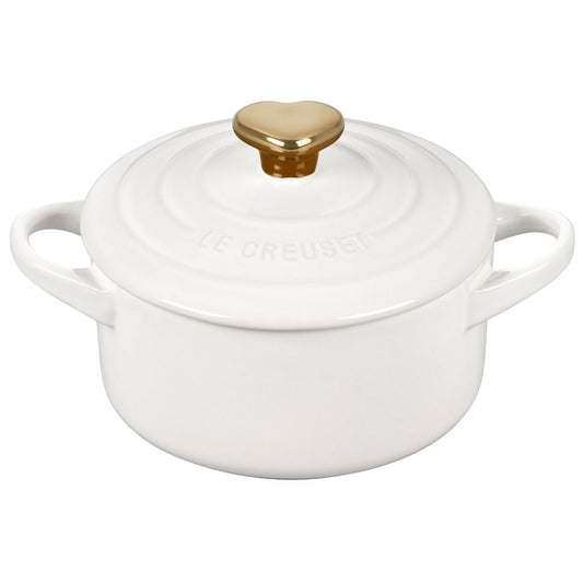  Le Creuset 8oz Mini Round Cocotte With Gold Heart Knob | White